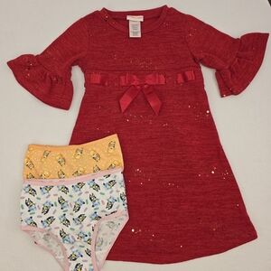 Girl's 4T Bundle: Red Sequin Bow Knit Dress & 2 New Bluey Panties 1847-V